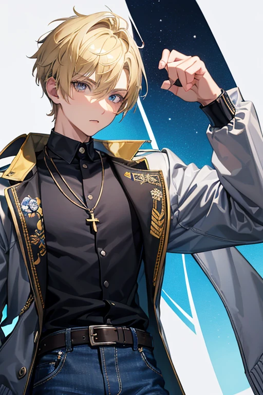 16-year-old boy with blonde hair cut short on the sides and pointed hair up, gray eyes, sports jacket
blue open leather yellow shirt with music print slim build blue jeans black belt golden cross necklace looking directly at viewer at viewer white background