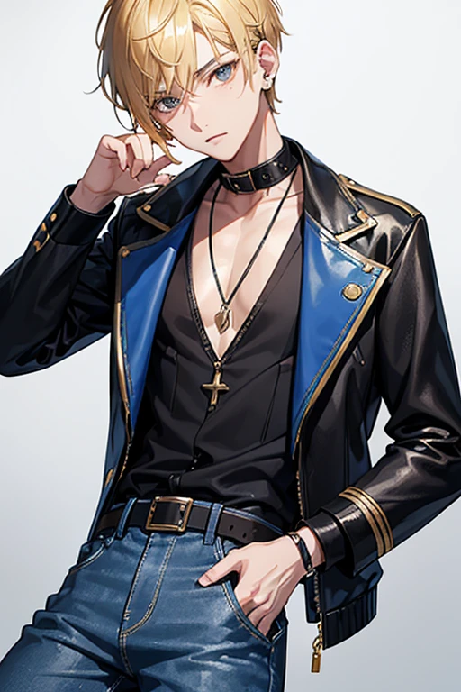 -yeld boith blonde hair cut short on the sides and pointed hair up, gray eyes, sports jacket 
blue open leather yellow shirt with music print slim build blue jeans black belt golden cross necklace looking directly at viewer at viewer white background