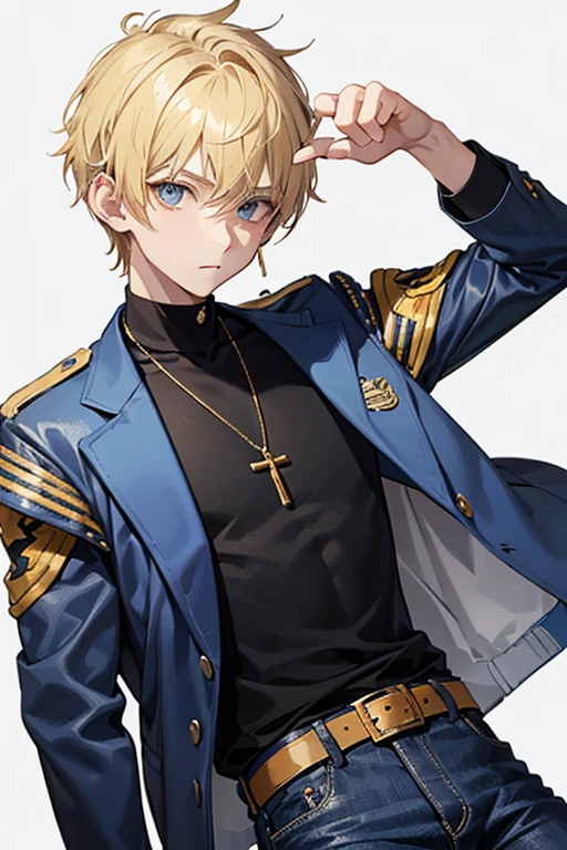 16-year-old boy with blonde hair cut short on the sides and pointed hair up, gray eyes, sports jacket
blue open leather yellow shirt with music print slim build blue jeans black belt golden cross necklace looking directly at viewer at viewer white background