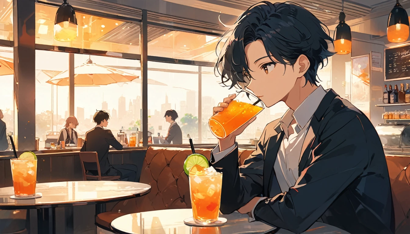 anime guy a drink in a cafe with a window, artwork in the style of guweiz, guweiz, 4k anime wallpaper, young anime man, anime art wallpaper 8 k, anime wallpaper 4k, anime wallpaper 4 k, anime. soft lighting, anime wallaper, handsome anime pose, 4 k manga wallpaper