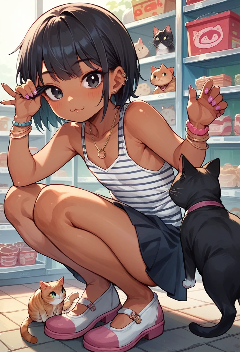 (young girl ,short stature,gyaru) ,flat chest,nsfw,rotund.((tank-dress)).shop.cute,black hair.look cat.panty shot.squatting、medium hair.cat.Woman petting a cat、Striped panties