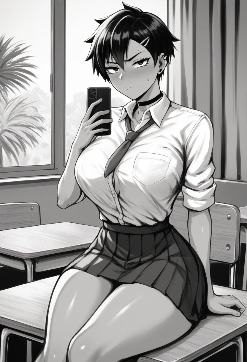 1girl, Monochrome, slightly dark skin, skirt, Japanese high school skirt, tight dress shirt, medium tomboy haircut, medium tomboy hairstyle, sexy soft face, sexual face, extremely feminine face, female jawline, manga style, (angled front side view image, pov front angled side profile view), ((((extremely big breasts, extremely Wide hips, extremely big ass, thick thighs, thicc, busty, big ass)))), black choker, annoyed expression, annoyed face, slightly annoyed expression, crisscross hair clip on left side of hair, subject is looking at phone in right hand, black ear piercing, detailed, masterpiece, 8k image, beautifully detailed, sitting down, sitting on Japanese’s school chair, in club room, interior Japanese high school club room, good hand anatomy, feminine hands, good finger anatomy, left hand open, open palm hand towards pov, open palm hand facing viewer,