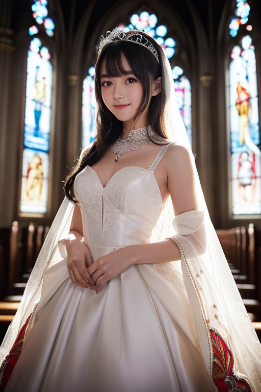 One Japanese girl, 10th Generation,Pure,A beautiful girl like an idol,masterpiece, Highly detailed face, ((Cinema Lighting)), (Shine), ((Dramatic lighting)), ((Beautiful sparkle)), Intricate details, Lens flare,Natural Makeup,Black Hair, Long Hair, White Wedding Dress,Too much exposure,platinum tiara, (Particles of light）, Slender body,Small breasts, [Linear], Less than an A cup,Happy smile, Embarrassed face,Brown eyes, Blushing cheeks,White pumps,church, Stained glass, Spotlight, Dark Background, Floating Hair, Floating Hair, View here,((colorful)),The whole body is visible