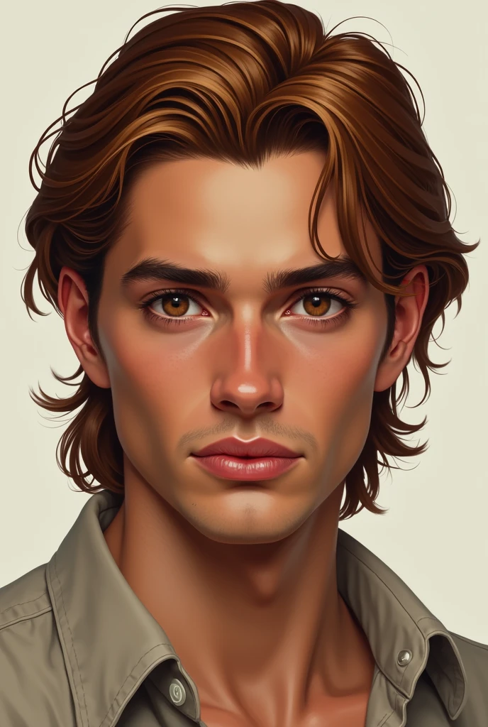 Create a hyperrealistic illustration of a young man, tanned skin, jaw and marked features, brown eyes, and long hair, well combed back and copper brown color, Without beard