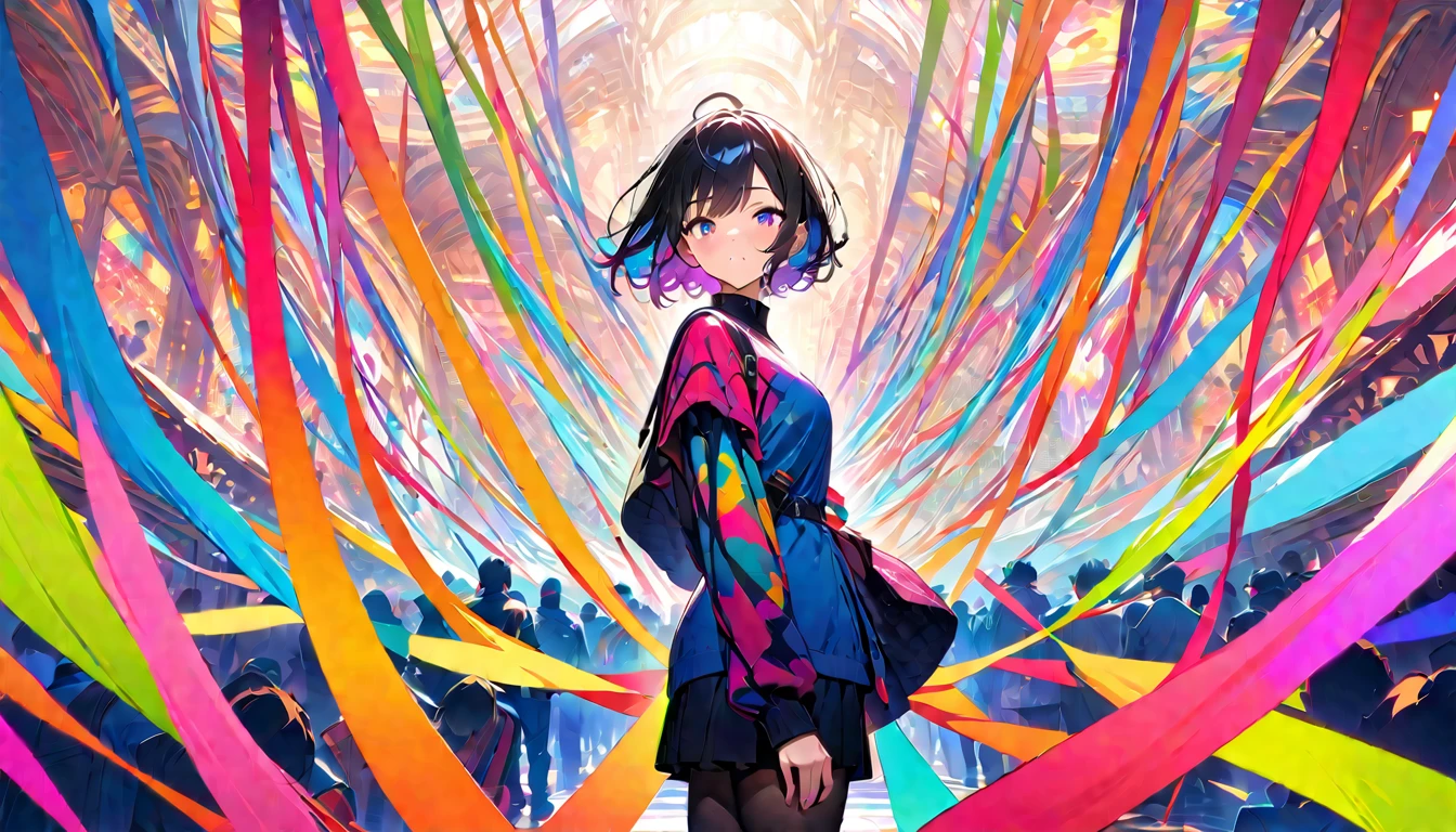 (masterpiece, Highest quality, Official Art:1.2), (colorful), Looking at the audience, one person's, alone, White Background, floating colorful water, Ultra-fine illustrations, highly detailed, Dynamic Angle, beautiful detailed, 8k, break smiling amidst the colorful scenes, (Highest quality, masterpiece, High resolution, detailed), Anime Style, (Shining Eyes, detailed美しい顔), break,Dynamic Angle、」((Headphones))