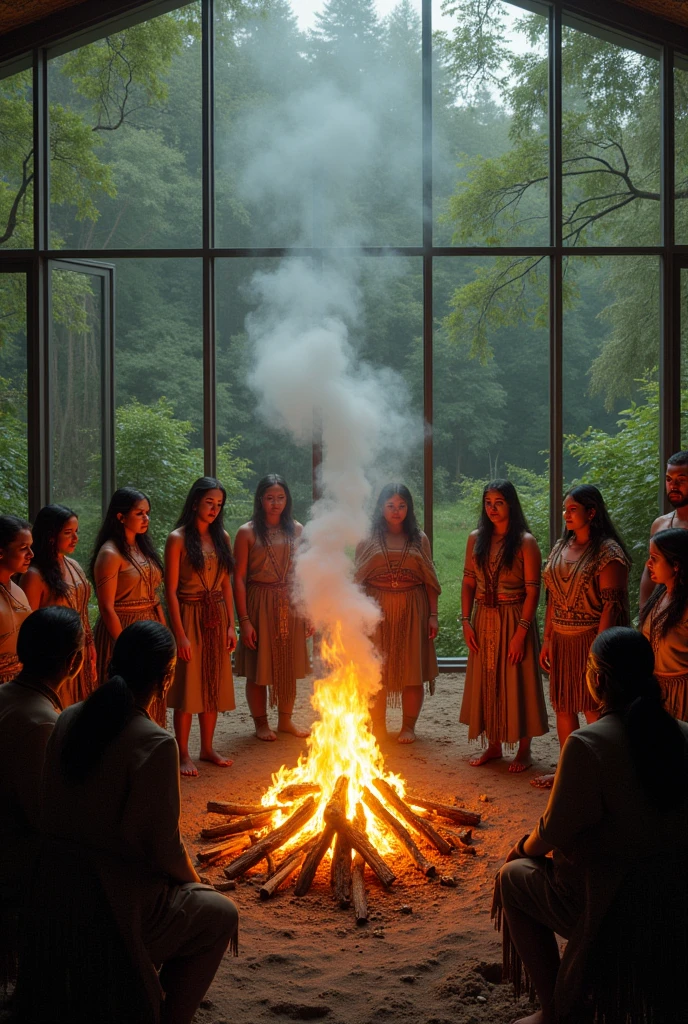 Images with a group of indigenous people blowing tobacco medicine, all dressed up and around a bonfire with ultra-realistic vibrant colors in a closed space with glass sides overlooking the forest.