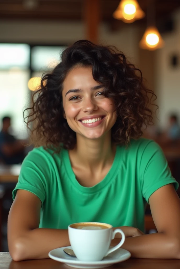 Beautiful latina woman in green t-shirt (drinking coffee inside modern cafe), Highly Detailed, 25 years old, innocent face, natural wavy hair, High Resolution, Masterpiece, Best Quality, Intricate Details, Highly Detailed, Sharp Focus, Detailed Skin, Realistic Skin Texture, Detailed Eyes, Professional, 4k, Charming Smile, Shot on Canon, 85mm, Depth of Field, Kodak Vision Color, Perfect Fit Body, Extremely Detailed, Photo_(ultra), photoRealistic, Realistic, Post-Processing, Maximum Detail, Roughness, Real Life, Ultra Realistic, photorealism, photography, 8k hd, photography Hyper-realistic image with a lens aperture of 1.4 at a focal length of 50mm.