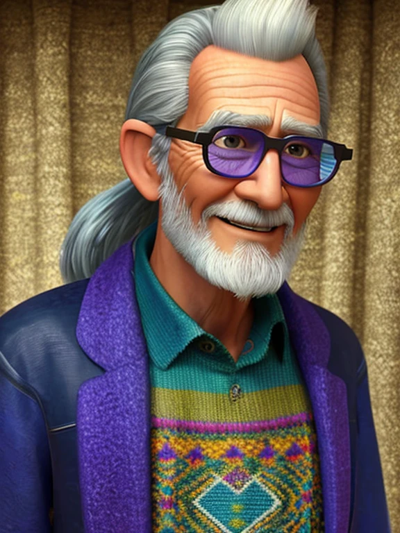Pixarstyle A waist-high portrait of an elderly male hippie, ponytail, glasses, groovy clothes, smile, natural skin texture, 4K textures, HDR, intricate, highly detailed, sharp focus, cinematic look, hyper-detailed