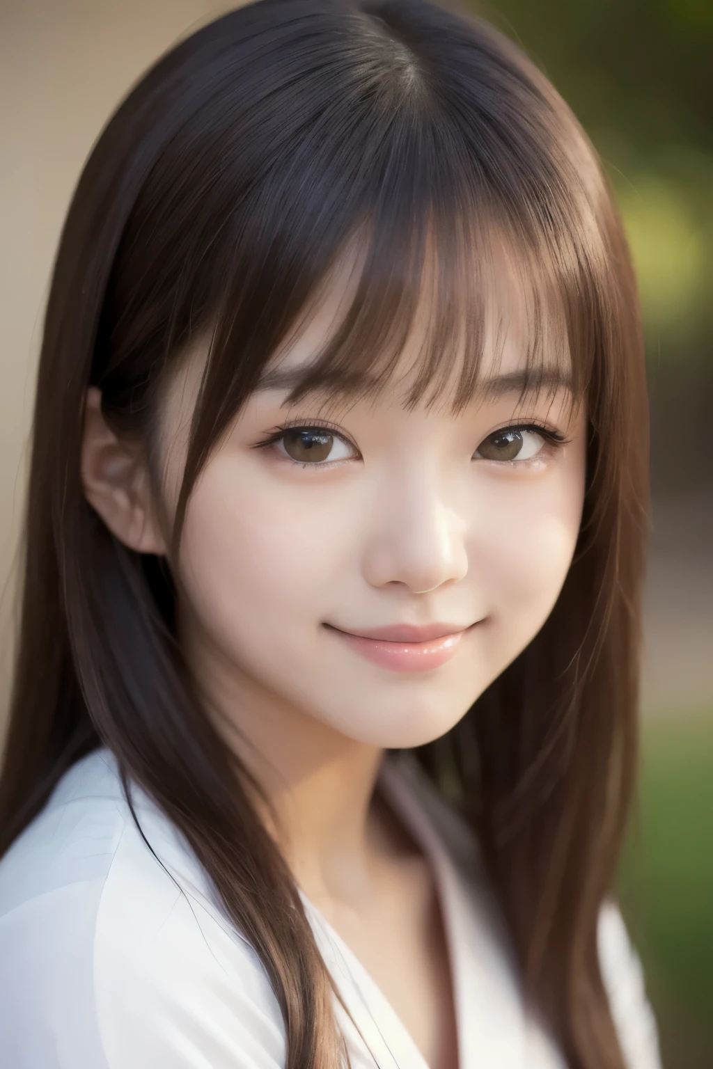 best quality, face focus, soft light, ultra high res, (photorealistic:1.4), RAW photo,(Shinozaki Ai), white skin, kawaii, 1 Japanese girl, solo, cute, (smile), (pupil, lights in the eyes),  detailed beautiful face, Medium-sized breasts,(high resolution detail of human skin texture),(long hair),(portrait), upper body, white traditional kimono