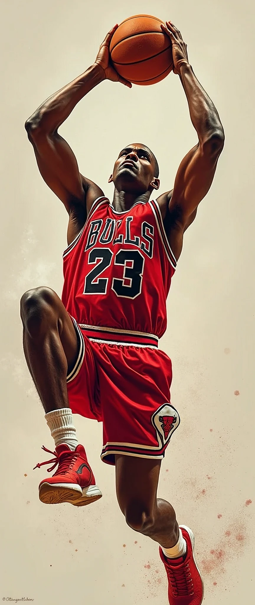 (masterpiece),(Highest quality),(Super detailed),(Ultra-high resolution),(Photorealistic:2.0),(RAW Photos:2.0),8k,wallpaper,(One Man),(Basketball player jumps high and slams down:2.0),(From above:2.0),(Chicago Bulls style uniform:2.0,Michael Jordan style man),(Serious:2.0),(Highly detailed face:1.5),(Highly detailed hand drawing:2.0),(Muscular:2.0),(dynamic:2.0),(Basketball goal)