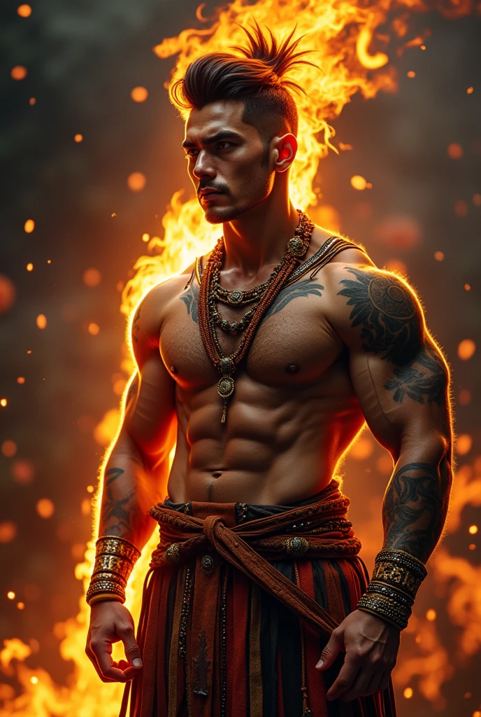 (photorealism:1.2), handsome young man, indigenous clothing, tall, handsome, asian face, muscular, hair on fire