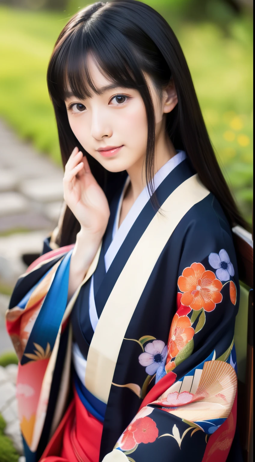 Salute pose, front, 最high quality、high quality、Best image quality、8k、最High resolution、High resolution、Realistic photos, Healthy body, Beautiful Eyes, Flowing black hair, Colorful kimono, Calm expression, Soft lighting, Traditional Japanese art style, Vibrant colors, Peaceful atmosphere, Delicate features, Graceful posture, Beautiful Landscape