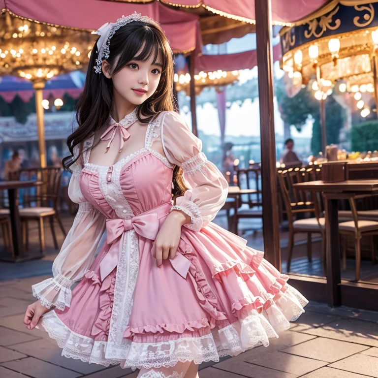 Side shot, Naruko, , 41 year old woman, Bow at the back of the waist, Skirt length to calf, cupcake dress, Layered skirt with lace on each layer, Wear a TA dress, layered dress, Pink lolikirt, lots of lace, Long sleeve, Wide sleeves, Big skirt, layered lace skirt, Puff sleeves, Wide sleeves, Transparent sleeves, intricate details showcase the ruffles and intricate designs of the Lolita d, Wearing a lolita dress the amusement park, at disneyland, The background is a carousel, best quality, Delicate face,beautiful visual work, lifelike, eternity, black hair, Long curly hair, blunt bangs, Smile, Detailed Background, Delicate face,blush,cold,((masterpiece))、(top quality)、8k、high detail、Super detailed,41-year-old female, masterpiece、born、Scenes resembling fairy tale illustrations、intricate details和複雜的設計、Beautifully、magic、capricious、 Beautifully、Dream aesthetics、「𝓡𝓸𝓶𝓪𝓷𝓽𝓲𝓬、ethereal、charming、fickle、magic」、realism、Visual effects、FXAA、SSAO、Shader、voiceless、ambient lighting、Tone mapping、High resolution、Ultra high quality、Million pixels、(8K resolution:1.10)、8k、8k以下、8K resolution、high detail、intricate details, (high quality:1.2、masterpiece:1.2、:1.21)、(41-year-old female:1.21)、(興奮地Smile)、(Surrounded by a dreamy atmosphere、Model diagram,full-body shot,Normal 2 feet,Put your hands behind you,The protrusion of the breast is visible when wearing clothes, Large Breasts, H cup chest, pink clothes, Don't show your fingers, full-body shot, full-body shot,full-body shot,full-body shot,full-body shot,full-body shot,full-body shot,full-body shot,hands hidden in clothes, hands hidden in clothes,hands hidden in clothes,hands hidden in clothes,hands hidden in clothes,hands hidden in clothes,hands hidden in clothes,hands hidden in clothes,hands hidden in clothes, ,hands hidden in sleeves ,hands hidden in sleeves ,hands hidden in sleeves ,hands hidden in sleeves ,hands hidden in sleeves ,hands hidden in sleeves ,hands hidden in sleeves ,hands hidden in sleeves, arms behind back, arms behind back,