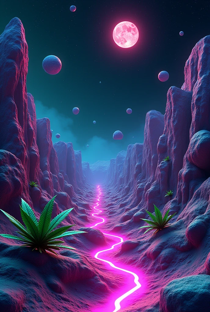Outer space with neon green and violet tones, some asteroids shaped like marijuana flowers