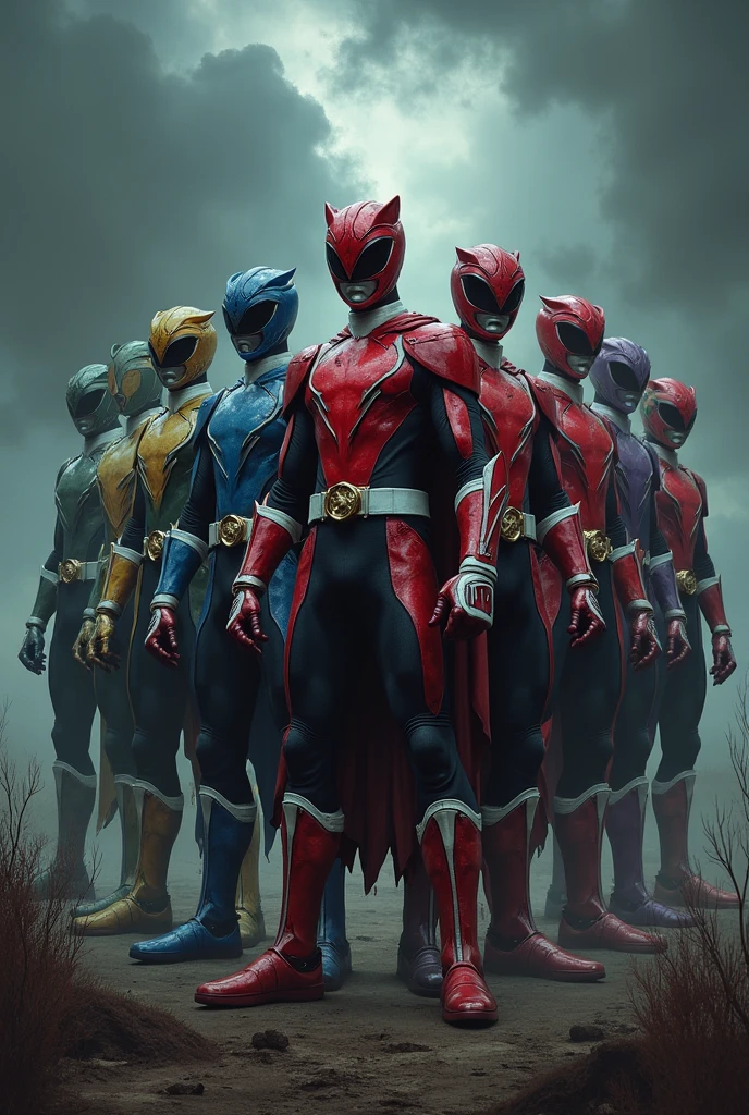(photorealism:1.2), evil Red Power Ranger, evil Blue Power Ranger, evil Green Power Ranger, evil Yellow Power Ranger, Evil Pink Power Ranger, evil silver Power Ranger