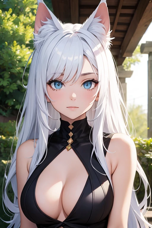 Catgirl with hair, white cat's ears and cause, blue colored eyes, wearing pajamas, clumsy sweater, sad expression, lying on a bed, pele branca lying on a bed dentro de um quarto