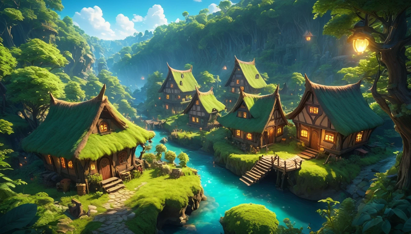 (anime, fantasy, goblin village), (detailed CG unity 8k wallpaper, masterpiece, best quality, hyperdetailed, HDR:1.2), vibrant colors, A small goblin village in an enchanted bioluminescent forest, wonky houses. magical forest, enchanted, beautiful, ethereal lighting, view from above, lens flare