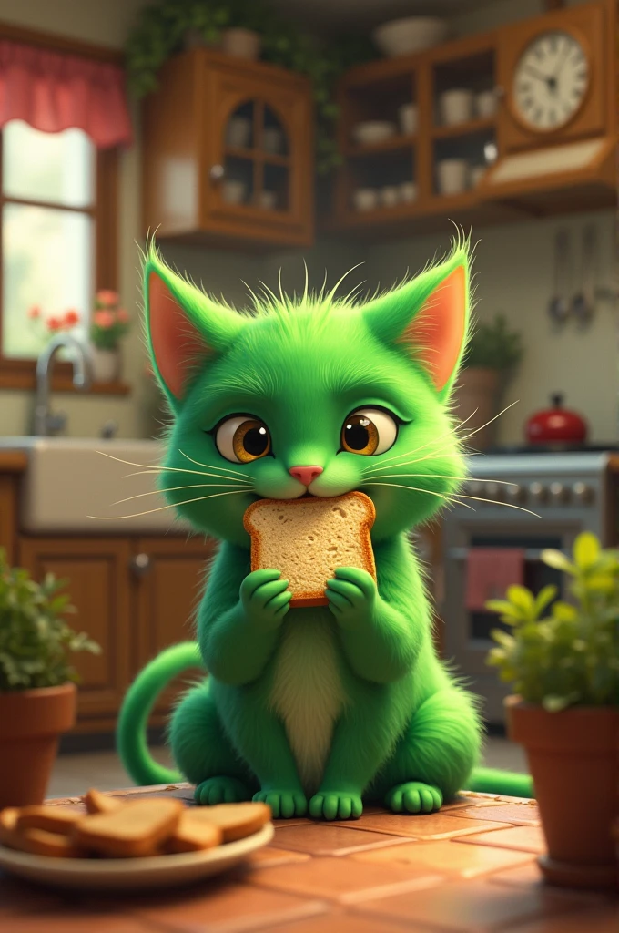 A green cat eating bread in the kitchen