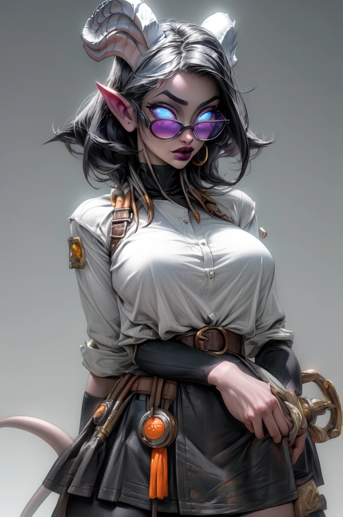 masterpiece, best quality, 1girl, solo, draenei, glowing eyes, colored sclera, tail ornament, hooves, white skin, blue eyes, black hair, shiny silver pouty lips, (tentacle hair:0.8), close-up, upper body, hair ornament, plump and large breasts, shiny skin, shiny silver lipstick, goggles , bob hair cut, fantasy, magic, psy powers, leather apron, toolbelt, mechanic, glasses, apron pouch with tools