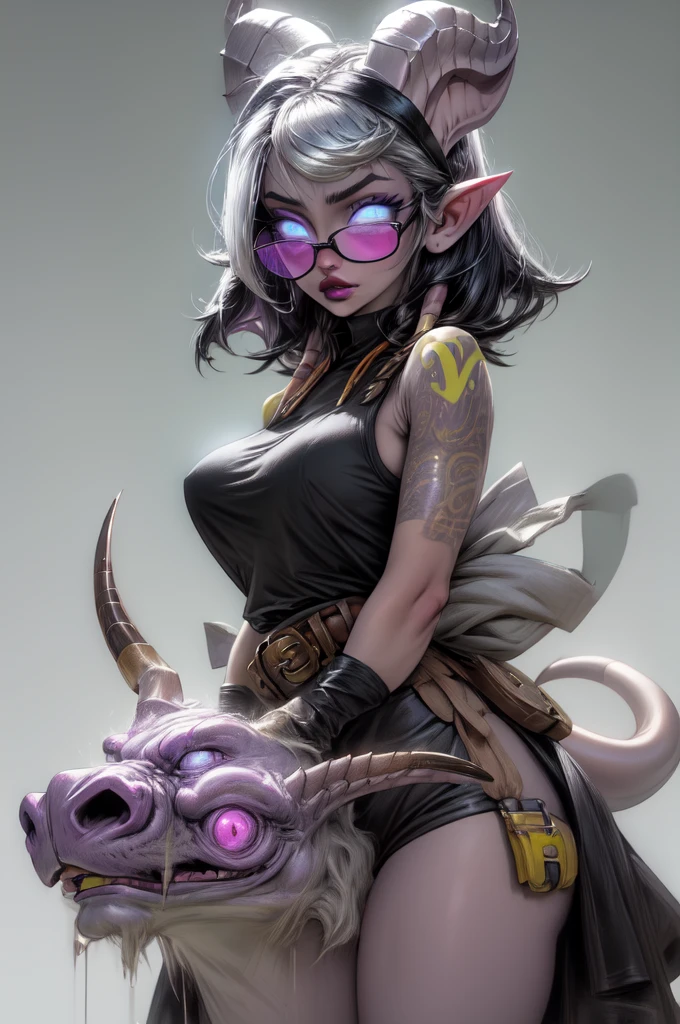 masterpiece, best quality, 1girl, solo, draenei, glowing eyes, colored sclera, tail ornament, hooves, white skin, blue eyes, black hair, shiny silver pouty lips, (tentacle hair:0.8), close-up, upper body, hair ornament, plump and large breasts, shiny skin, shiny silver lipstick, goggles , bob hair cut, fantasy, magic, psy powers, leather apron, toolbelt, mechanic, glasses, apron pouch with tools