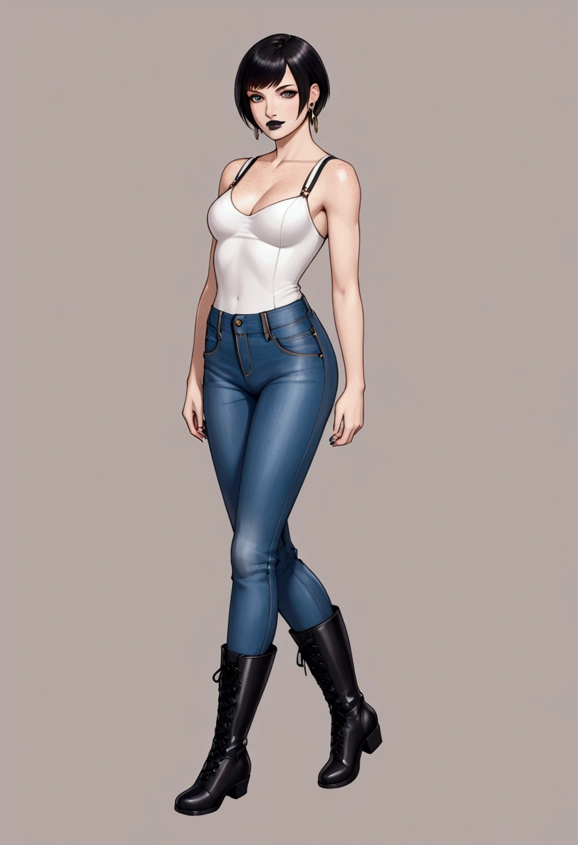 young woman, with short black hair, with bangs, wearing black lipstick and earrings, with freckles on her face, wearing a blouse with thin straps, combat boots and jeans