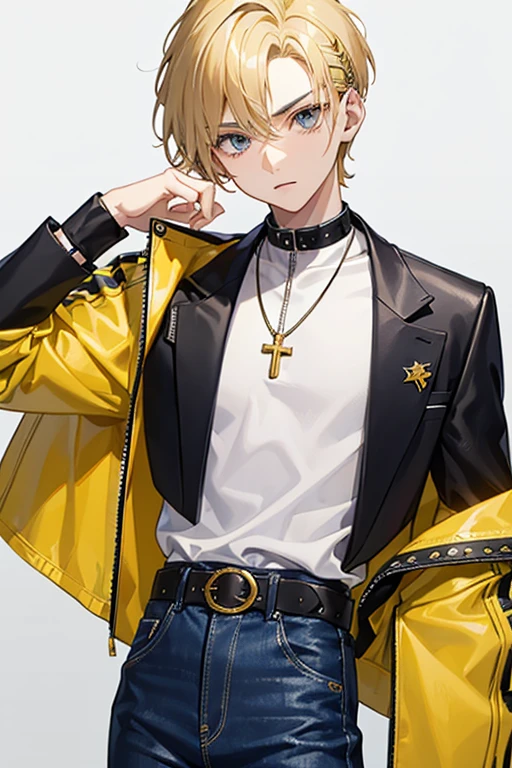 -yeld boith blonde hair cut short on the sides and pointed hair up, gray eyes, sports jacket 
blue open leather yellow shirt with music print slim build blue jeans black belt golden cross necklace looking directly at viewer at viewer white background