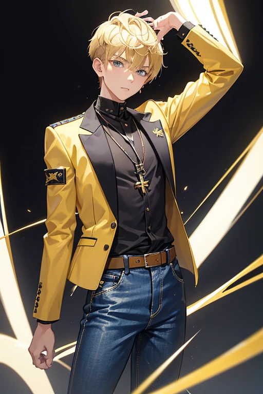 -yeld boith blonde hair cut short on the sides and pointed hair up, gray eyes, sports jacket
blue open leather yellow shirt with music print slim build blue jeans black belt golden cross necklace looking directly at viewer at viewer white background