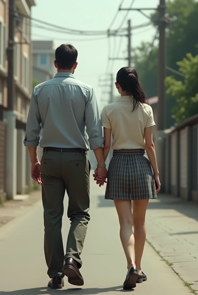 Man from behind walking with woman from behind in normal clothes realistic