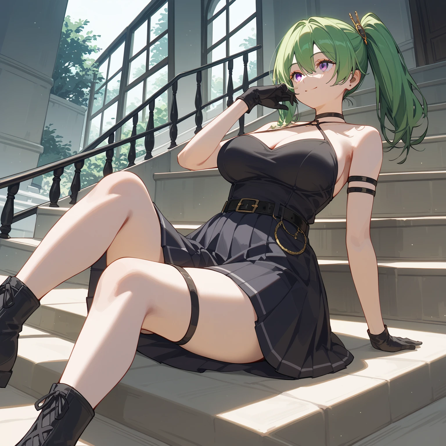 (masterpiece, The best quality at its best:1.2), alone, One huge breasted girl, Green Hair, bangs, Hair between the eyes, Side Ponytail, Purple eyes, A light smile, Black choker, clavicle, No sleeve, Black Dress, No sleeve dress, Halter neck, Pleated skirt, Black gloves, belt, Black footwear,、look up、Funeral of Frieren、Uber、sitting on the stairs with hand on chin、Alluring、Depiction from an angle、Highest rated on pixiv、whole body、Large Breasts