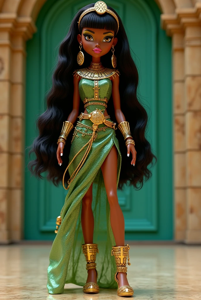 Modelo de boneca monster high, Cleo Di Nile, Egyptian, cabelo preto e green water, caramel brown skin, with clothes inspired by the God Anubis, bringing elements of death, ahnk, golden clothes, green water, roupa estilo moderno anos 2000 com fortes inspirações Egyptian, full body image, golden shoe with egyptian designs