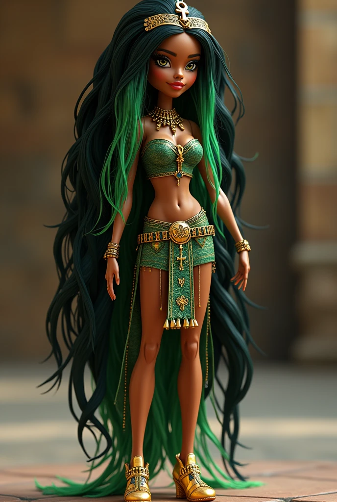 Modelo de boneca monster high, Cleo Di Nile, Egyptian, cabelo preto e green water, caramel brown skin, with clothes inspired by the God Anubis, bringing elements of death, ahnk, golden clothes, green water, roupa estilo moderno anos 2000 com fortes inspirações Egyptian, full body image, golden shoe with egyptian designs