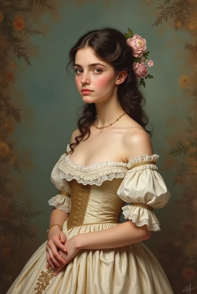 Illustrate Doña Paquita (Francisca), a character from 'El sí de las niñas' by Leandro Fernández de Moratín, in a high-quality image with a style reminiscent of 18th and 19th-century book covers. She is a young woman in her late teens, embodying innocence and grace. Dress her in the modest, elegant fashion of the era, with a simple but refined gown in soft tones. The overall aesthetic should evoke the timeless charm and delicate beauty of classic literature illustrations."