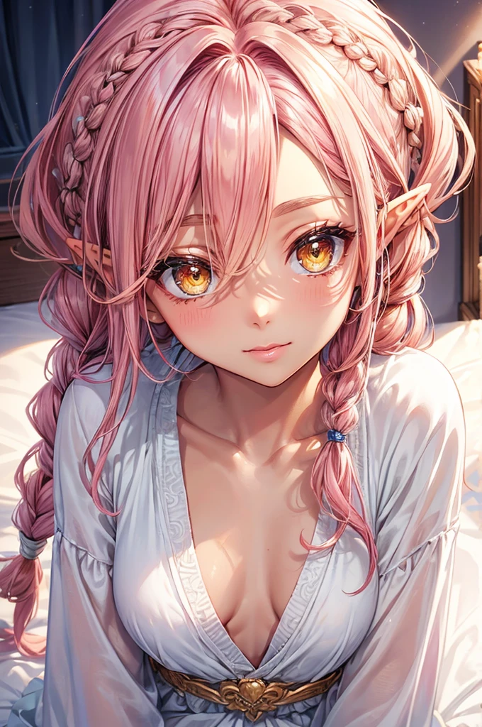 (beautiful elf style), (((tanned skin))) (pov, love style, solo:2, 1000 yo), (beautiful detailed dreadlocks:1.4) (beautiful pink hair long hair sexy elf woman) (beautiful sexy yellow eyes) ((soft smile)) (glossy lip), (small tits), (in a detailed night robe, small tits), break, in the simple bedroom, background best morning sky, BREAK, 16k, masterpiece, best quality, immensely detailed beautiful morning.