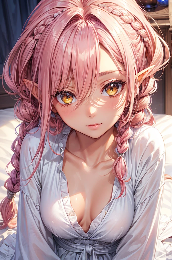 (beautiful elf style), (((tanned skin))) (pov, love style, solo:2, 1000 yo), (beautiful detailed dreadlocks:1.4) (beautiful pink hair long hair sexy elf woman) (beautiful sexy yellow eyes) ((soft smile)) (glossy lip), (small tits), (in a detailed night robe, small tits), break, in the simple bedroom, background best morning sky, BREAK, 16k, masterpiece, best quality, immensely detailed beautiful morning.