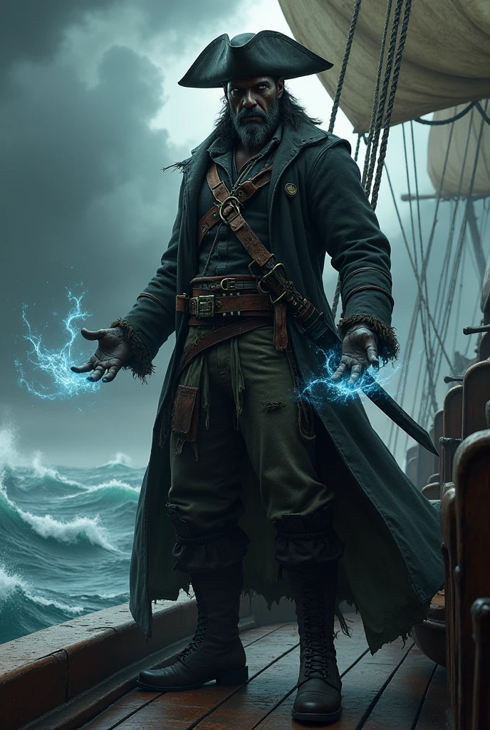 Dark-skinned man of average height , by white, gray eyes, in pirate attire with puppeteer power 
