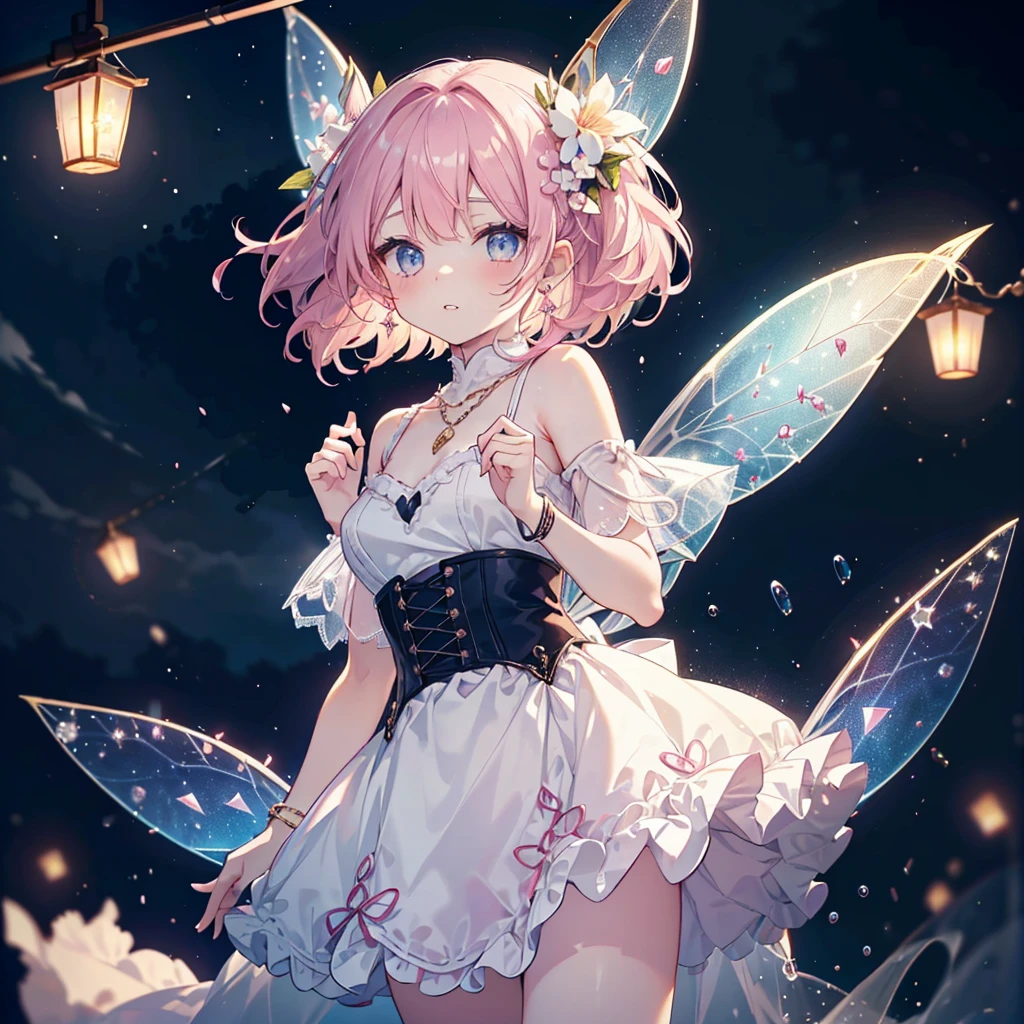 (Exquisite and beautiful、A masterpiece with attention to detail, High quality and high resolution),(A cute and delicate illustration of a pure and clear face drawn with thin lines and beautiful pastel colors.),Background of beautiful flying sky lanterns in the sky on a sparkling starry night、A fairy flying happily in the sky,A fairy with beautiful fairy wings growing from its back, Wearing a frilly dress with an open neckline and knee-high socks decorated with lace, Ruffles and ribbons, corset.,She is wearing a tiara, necklace, Earrings and bracelets.,(Fair skin, A fairy with pale pink cheeks and short eyebrows, A small toothless mouth and plump pink lips, Beautiful Eyes, And quite large, Fluffy bust.),Lanterns fly up into the sky and the moon, You can see stars and shooting stars,Vibrant watercolor colors, Striking colors, Dynamic angle,Cute Dream,