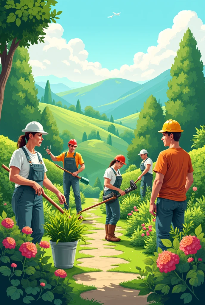 Landscaping banner with people working