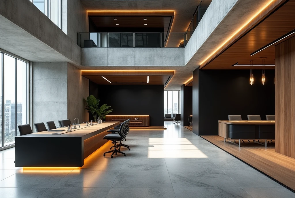 Professional architectural space photography,Future Corporate Office,technology,Minimalist industrial style,Wood and black walls,Concrete structure,Interior design master works,Fascinating light and shadow