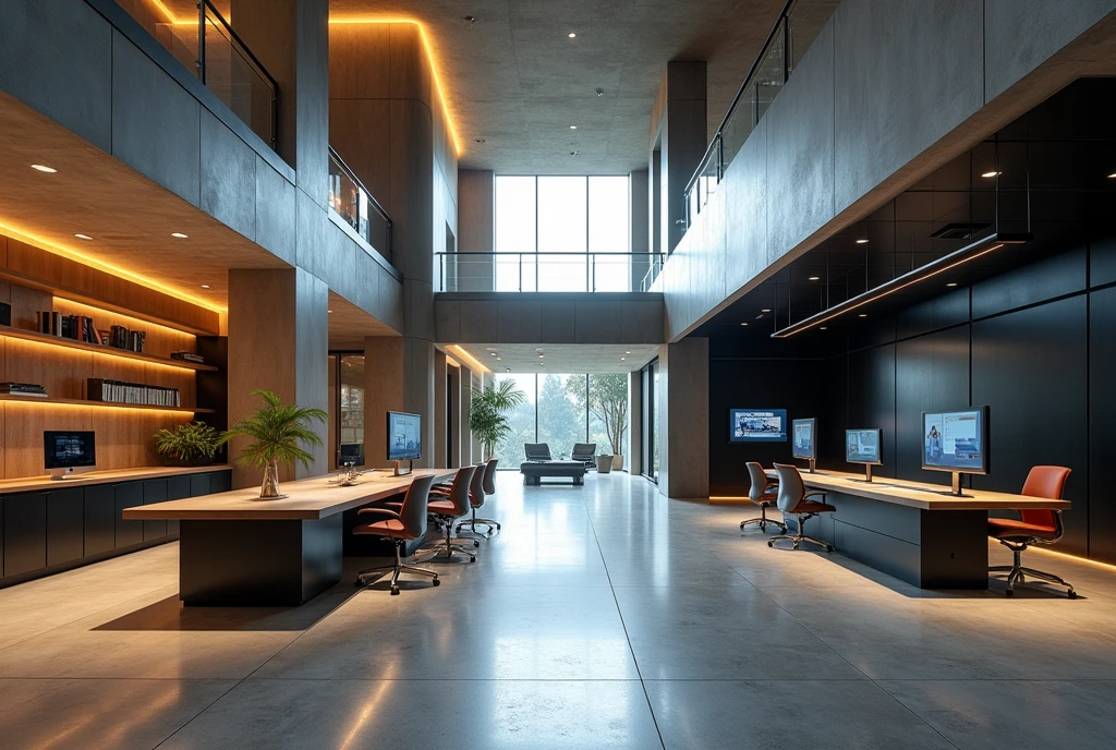 Professional architectural space photography,Future Corporate Office,technology,Minimalist industrial style,Wood and black walls,Concrete structure,Interior design master works,Fascinating light and shadow