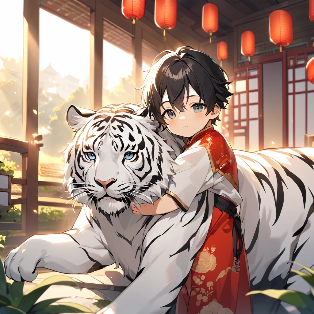 A handsome young man with a good face and a gentle face, wearing a white ancient Chinese costume, riding on a white tiger, hugging his  sister, who is 1 year ole sister black hair, black hair, in a red Chinese New Year costume. In the morning, there is sunlight shining in the front yard garden.