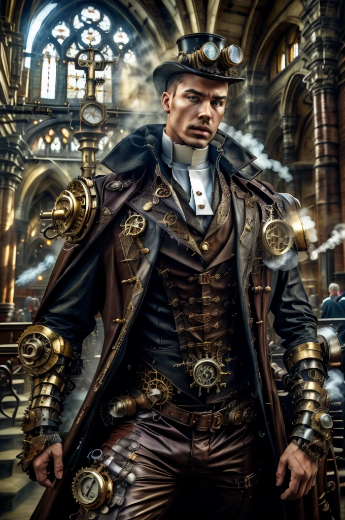 Realistic, masterpiece, Highest quality, Cinema Lighting, Natural Shadows, Highest detail, Professional photography, Detailed Background, Depth of written boundary, Insane Details, Complex, beautiful, Detailed face, Scattered beneath the surface, Realistic hair, Realistic eyes, Muscular, Handsome photo (African), Steam 4RMOR, Wearing steampunk priest robes, Dynamic pose, Combat Stance, Steampunk Fantasy Background, cross, church,