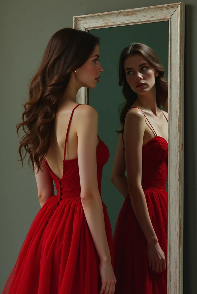 gorda, brown hair, redgown, looking at a mirror, lean for sale