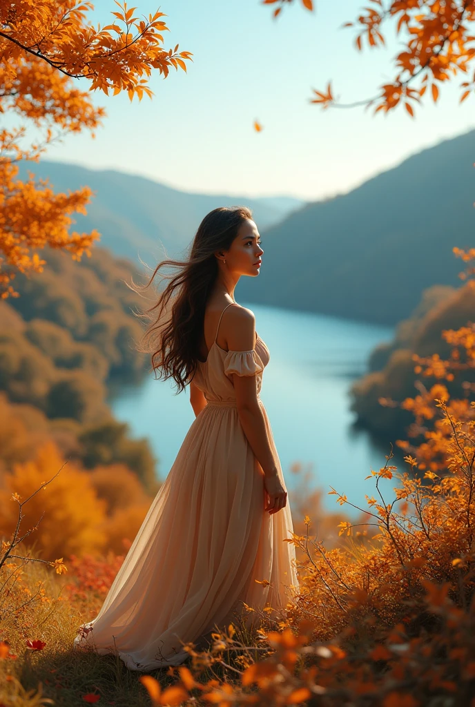 beautfiul woman, 8k wallpaper, beautiful photo, standing on a hill with a blue sky, leaves turning colors on trees, river in background, perfect focus