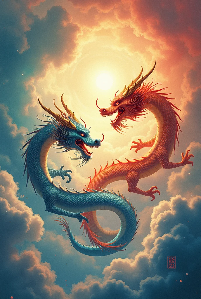 Two dragons circled in the sky and chased each other, forming a circular shape with many colorful auspicious clouds, auspicious and auspicious scenes.