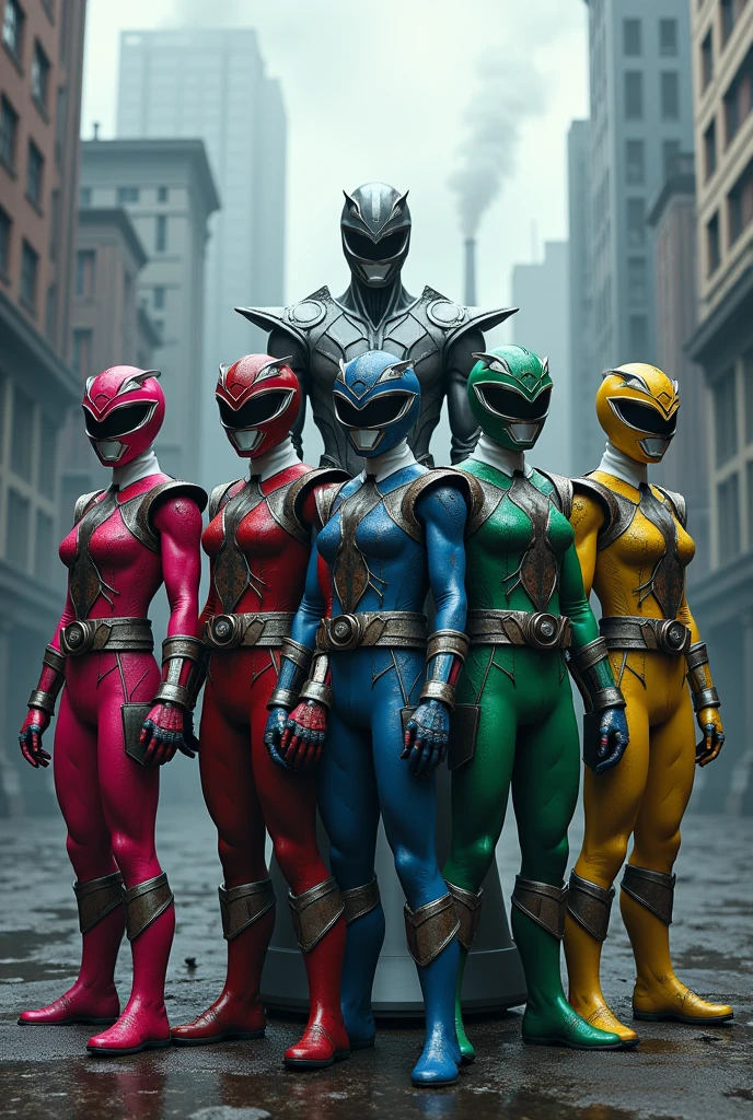 (photorealism:1.2), evil Red Power Ranger, evil Blue Power Ranger, evil Green Power Ranger, evil Yellow Power Ranger, Evil Pink Power Ranger, evil silver Power Ranger