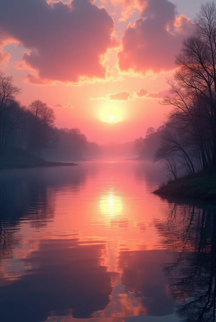 (masterpiece:1.2,of the highest quality,ultra high resolution,Very detailed,realist,RAW Photos:1.2,Elaborated photos),8k,Wallpaper,(ray tracing),Japan,(Majestic River,Beautiful water surface,diffuse light reflection.,calm,Cicatrization,Soft sunset,A huge sunset reflected in the water.),A photograph that expresses clouds and flowing water.