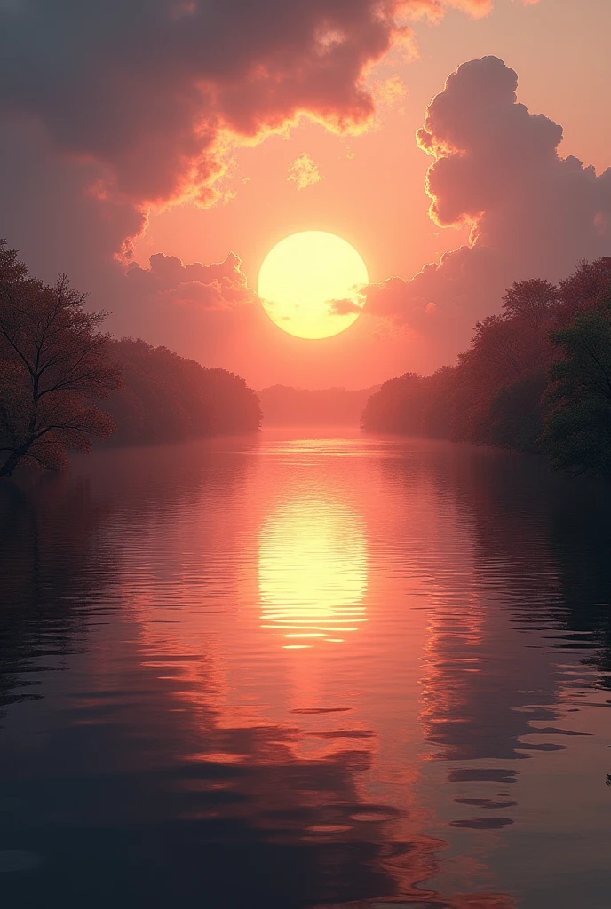 (masterpiece:1.2,of the highest quality,ultra high resolution,Very detailed,realist,RAW Photos:1.2,Elaborated photos),8k,Wallpaper,(ray tracing),Japan,(Majestic River,Beautiful water surface,diffuse light reflection.,calm,Cicatrization,Soft sunset,A huge sunset reflected in the water.),A photograph that expresses clouds and flowing water.