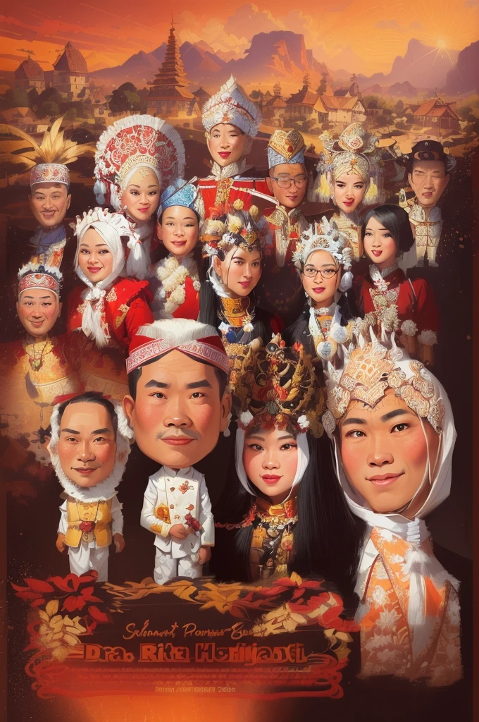 a poster of a group of people in traditional costumes, barong family, caricature illustration, potrait, caricature, by Abidin Dino, charactor, caricature style, full protrait, fantasy characture portrait, digital art cartoon, traditional art, digital ilustration, cartoon art, inspired by JoWOnder, portrait. high detail, ethnic group, protrait