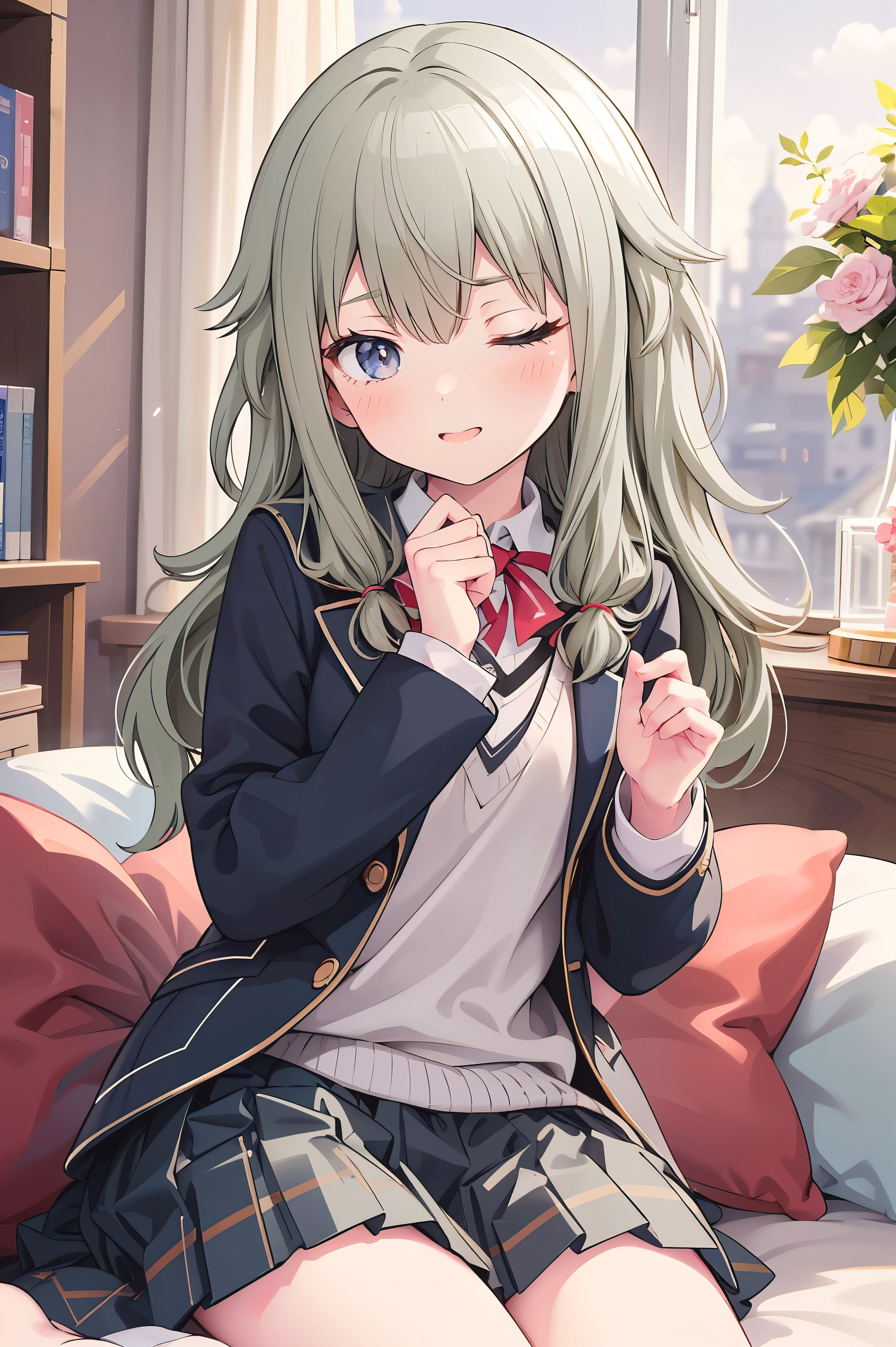 (8k, 最high quality)、Ultra-high resolution、adorable、最high quality, beautiful, (((Absurd beauty)))、masterpiece、Best image quality、(Front facing)、good feeling、smile,Face the camera、Delicate eyes、smile、Small face、、1 person、masterpiece, Most detailed、school uniform、blazer、high quality、Shiny Hair、 ((Sleeping with eyes closed)) ,Medium chest、nose blush、Very detailed, clear and beautiful face, Awards, (Anatomically correct)