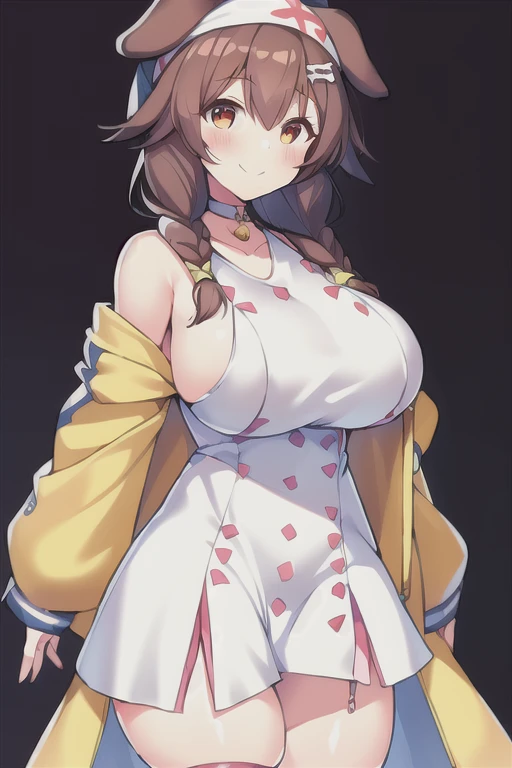 1girl, Korone, smile, dog ears, twin braids, sidelocks, hair ornament, ((white dress)), yellow jacket, dress, jacket, open clothes, open jacket, short dress, sleeveless dress, huge breasts, thick thighs, tall, tall female, mature female, bandana, scarf, hourglass figure, standing, ((bandana)), milf